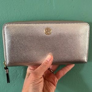 Tory Burch silver Saffiano zip-around wallet